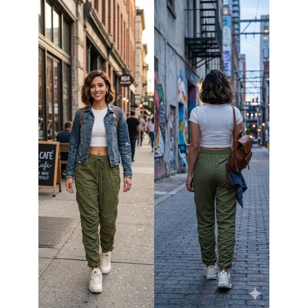 Project Indigo Green Cotton Twill Jogger Pants Ruched Drawstring Tapered Women S